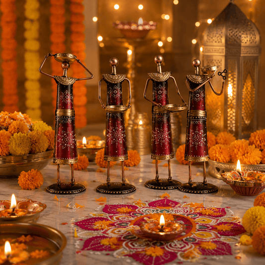 4-Piece Red Metallic Tribal Women Tealight Holder Set