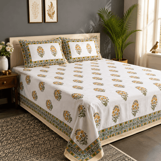 Luxury Premium Cotton Hand Block Printed Bedsheet Set - Aqua Floral