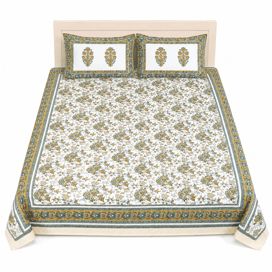 Luxury Premium Cotton Hand Block Printed Bedsheet Set - Blue Lotus