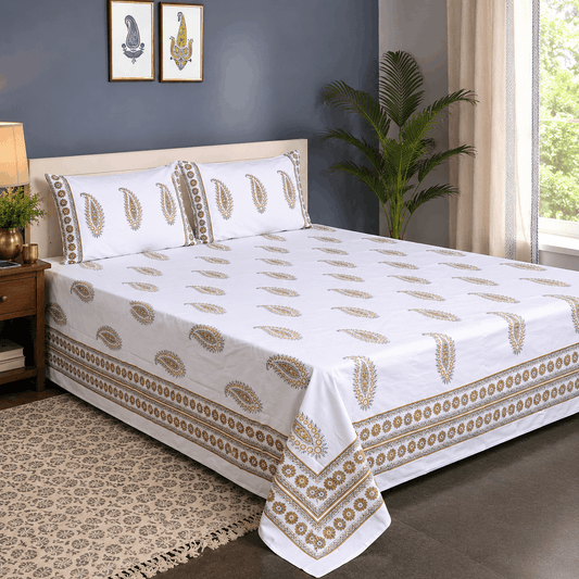 Luxury Premium Cotton Hand Block Printed Bedsheet Set - Paisley Print