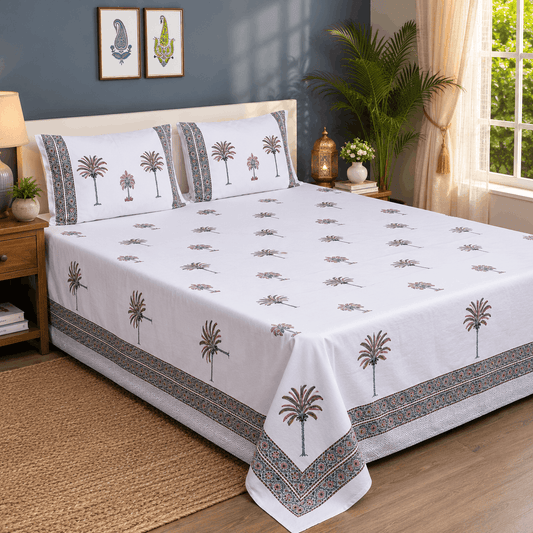 Luxury Premium Cotton Hand Block Printed Bedsheet Set - Mustard Floral
