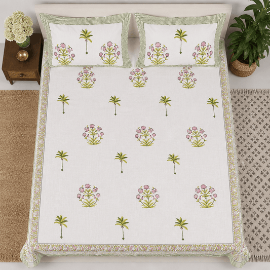 Thick Handloom Cotton Block Printed Bedcover Set - Ivory Garden