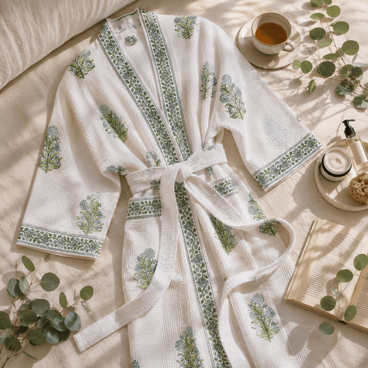 Handblock Printed Cotton Waffle Bathrobe - White Ethnic Print