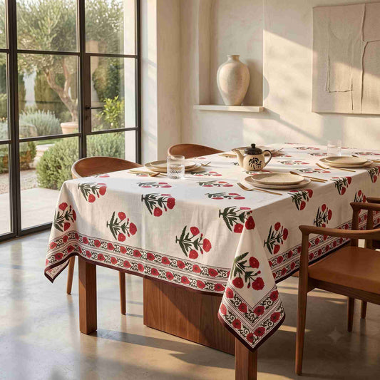 Premium Thick Textured Cotton Table Cover - White Elegant Bloom