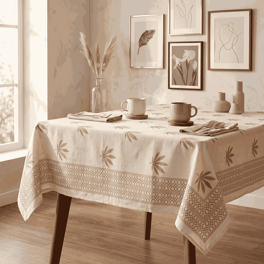 Premium Thick Textured Cotton Table Cover - White Vintage Print