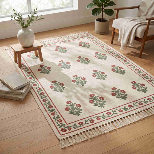 Hand Block Printed Dhurrie - Pink Blossom