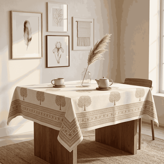 Premium Thick Textured Cotton Table Cover - White Floral