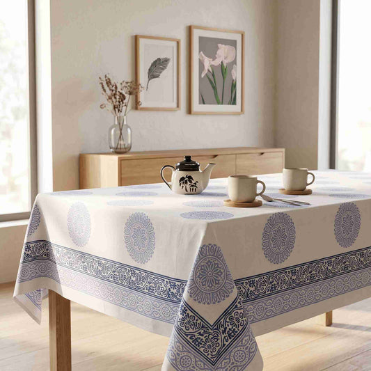 Premium Thick Textured Cotton Table Cover - White Ethnic Print