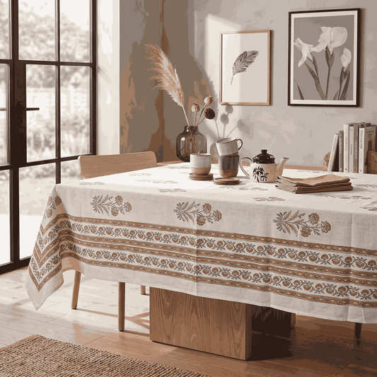 Premium Thick Textured Cotton Table Cover - White Lotus