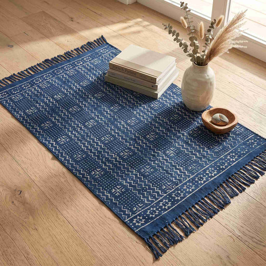 Hand Block Printed Dhurrie - Blue Floral