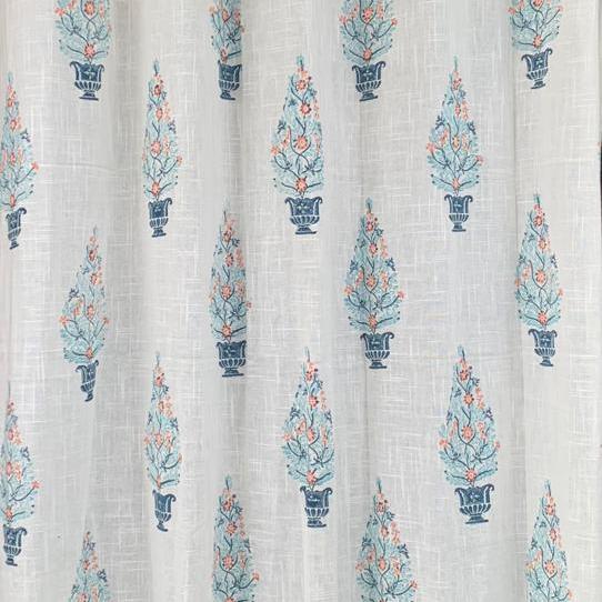 Hand Block Printed Slub Textured Curtains - White Floral