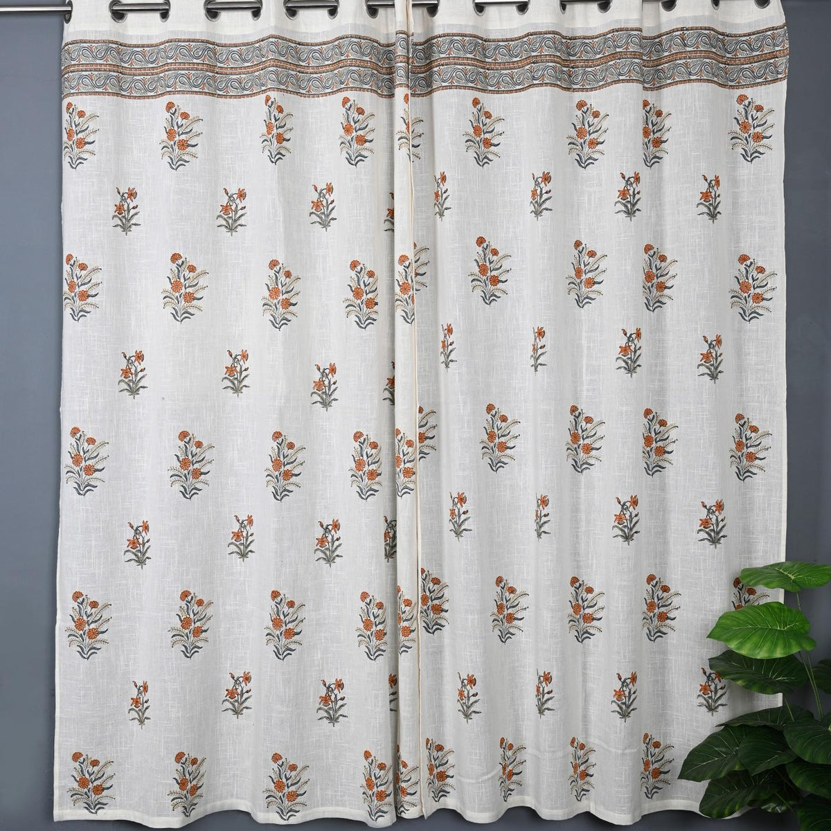Hand Block Printed Slub Textured Curtains - White Vine