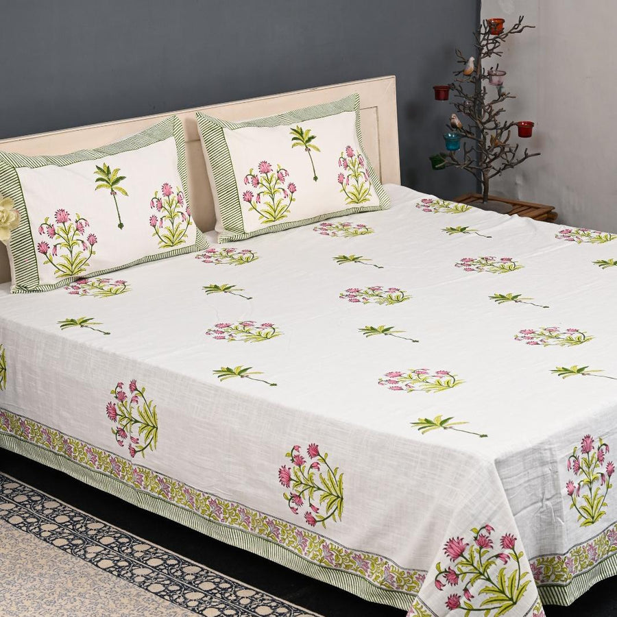 Thick Handloom Cotton Block Printed Bedcover Set - Ivory Garden