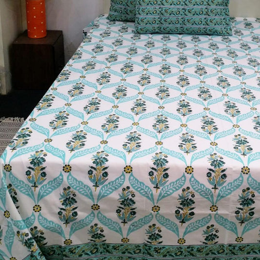 Premium Hand Block Printed Cotton Bedsheet Set - Green Floral