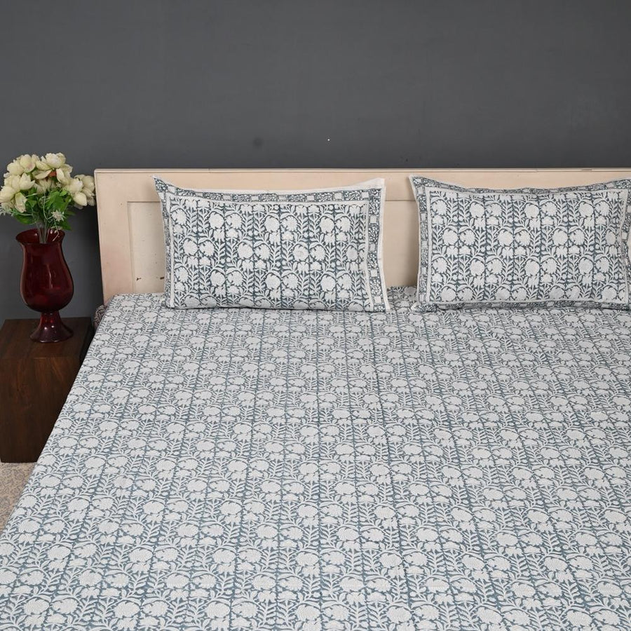 Premium Hand Block Printed Cotton Bedsheet Set - Gray Floral