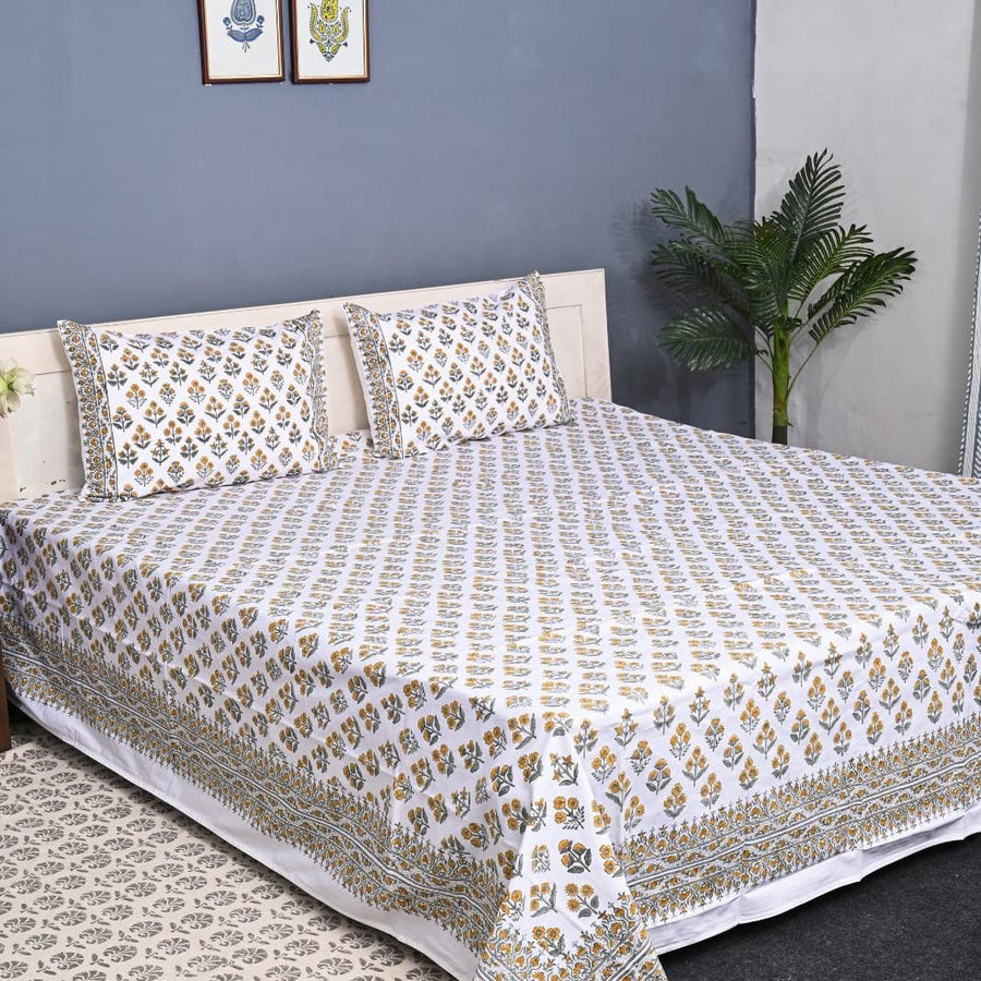 Luxury Premium Cotton Hand Block Printed Bedsheet Set - Green Floral