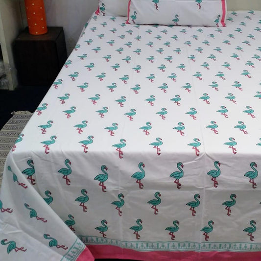 Premium Hand Block Printed Cotton Bedsheet Set - Aqua-white