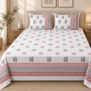 Premium Hand Block Printed Cotton Bedsheet Set - Aqua White