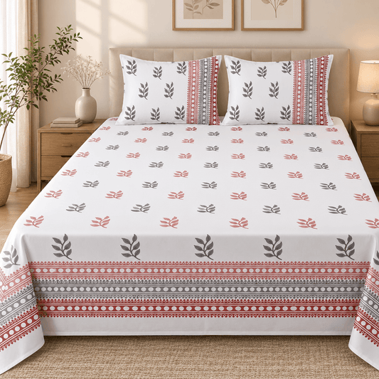 Premium Hand Block Printed Cotton Bedsheet Set - Aqua White