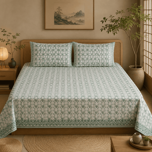 Premium Hand Block Printed Cotton Bedsheet Set -Floral Gray