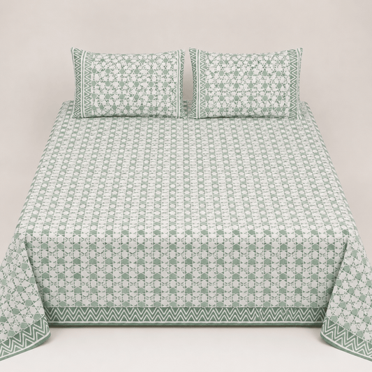 Premium Hand Block Printed Cotton Bedsheet Set -Floral Gray