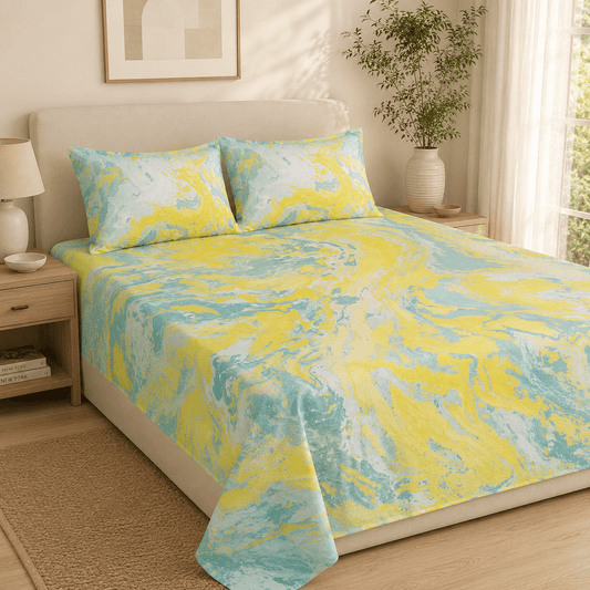 Premium Hand Block Printed Cotton Bedsheet Set -Yellow Blossom