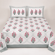 Premium Hand Block Printed Cotton Bedsheet Set - Aqua White
