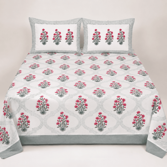 Premium Hand Block Printed Cotton Bedsheet Set - Aqua White