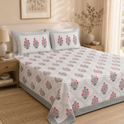 Premium Hand Block Printed Cotton Bedsheet Set - Aqua White