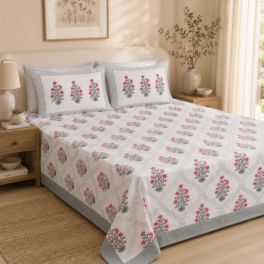 Premium Hand Block Printed Cotton Bedsheet Set - Aqua White