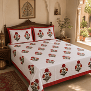 Premium Hand Block Printed Cotton Bedsheet Set - Red White