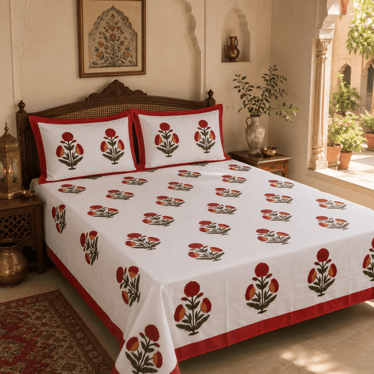 Premium Hand Block Printed Cotton Bedsheet Set - Red White