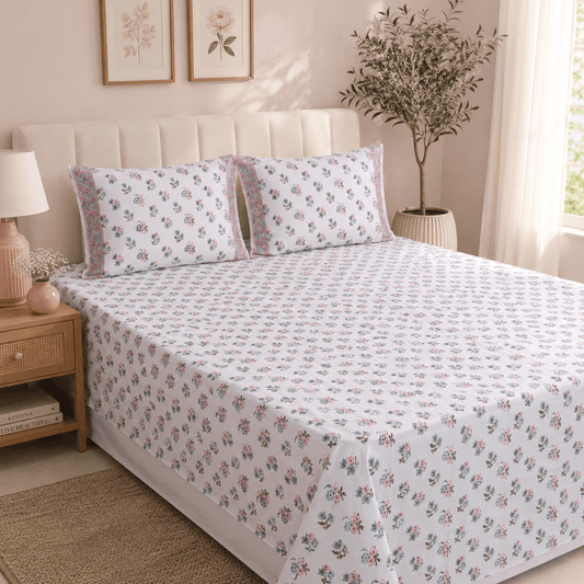 Premium Hand Block Printed Cotton Bedsheet Set -White  Floral