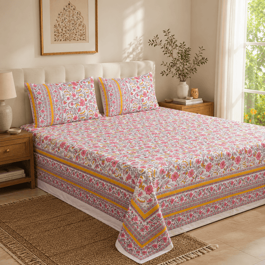 Premium Hand Block Printed Cotton Bedsheet Set -Paisley Print