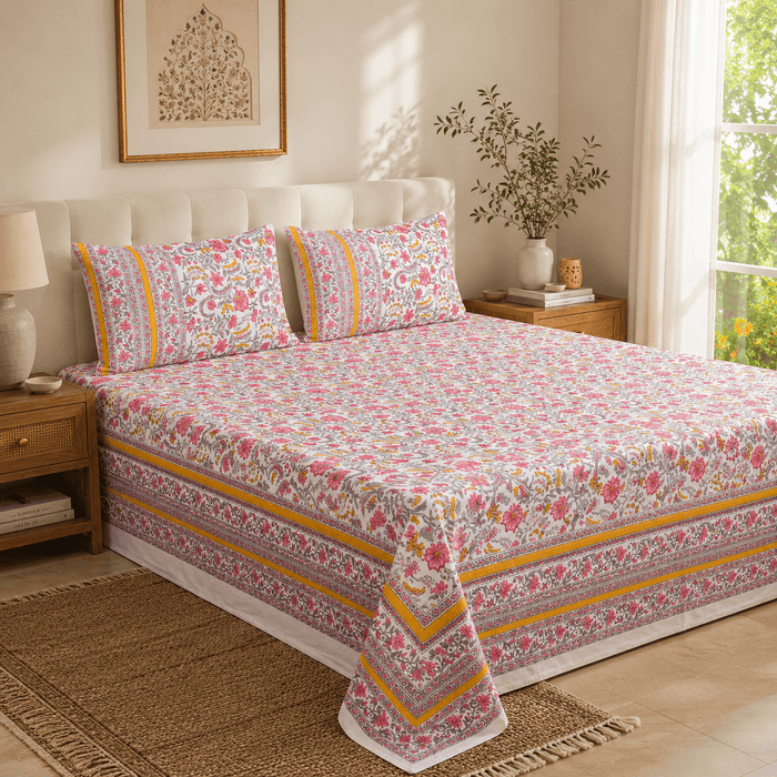 Premium Hand Block Printed Cotton Bedsheet Set -Paisley Print