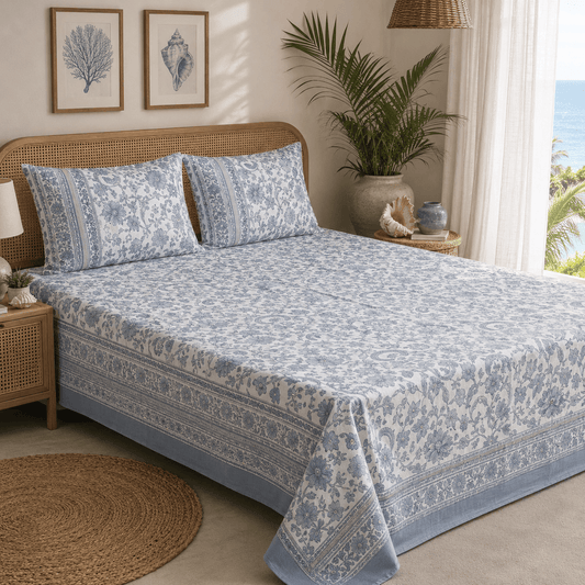 Premium Hand Block Printed Cotton Bedsheet Set - Gray Floral