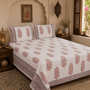Premium Hand Block Printed Cotton Bedsheet Set - Cream Red