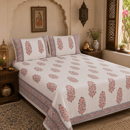 Premium Hand Block Printed Cotton Bedsheet Set - Cream Red