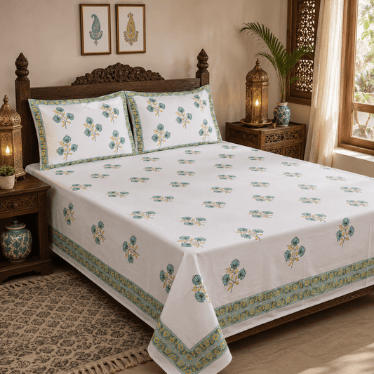 Premium Hand Block Printed Cotton Bedsheet Set - Cream-Flower