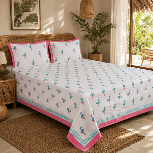 Premium Hand Block Printed Cotton Bedsheet Set - Aqua-white