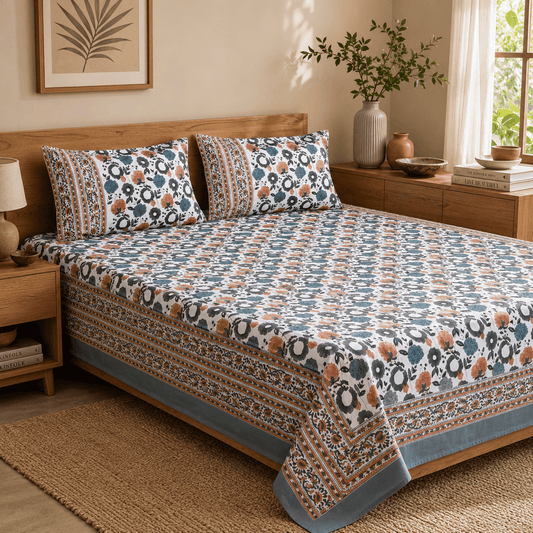 Premium Hand Block Printed Cotton Bedsheet Set - Red-Blue