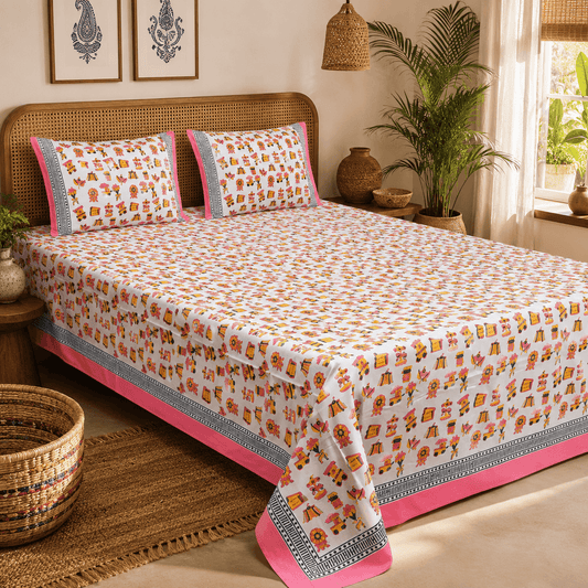 Premium Hand Block Printed Cotton Bedsheet Set - Cream
