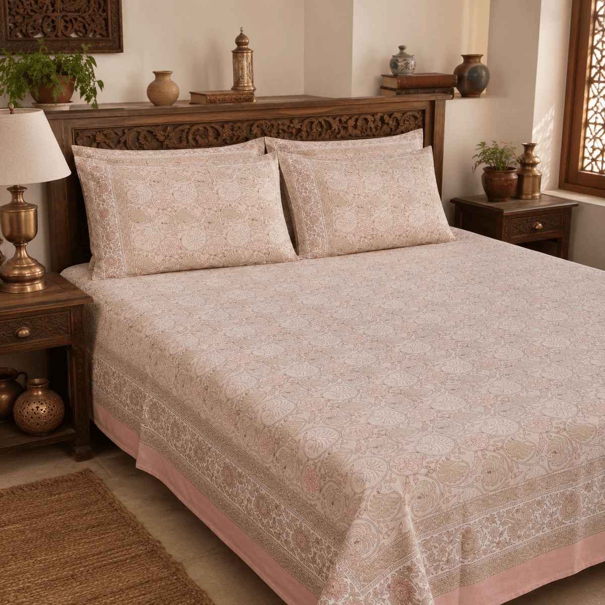 Premium Hand Block Printed Cotton Bedsheet Set - Cream-blurrish