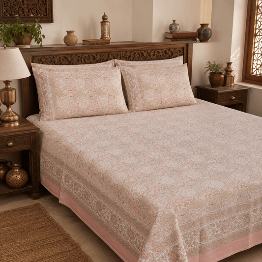 Premium Hand Block Printed Cotton Bedsheet Set - Cream-blurrish