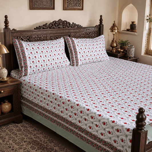 Premium Hand Block Printed Cotton Bedsheet Set - White-Pattern