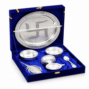 5-Piece Silver Finish Swastik Pooja Thali Set