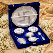 5-Piece Silver Finish Swastik Pooja Thali Set
