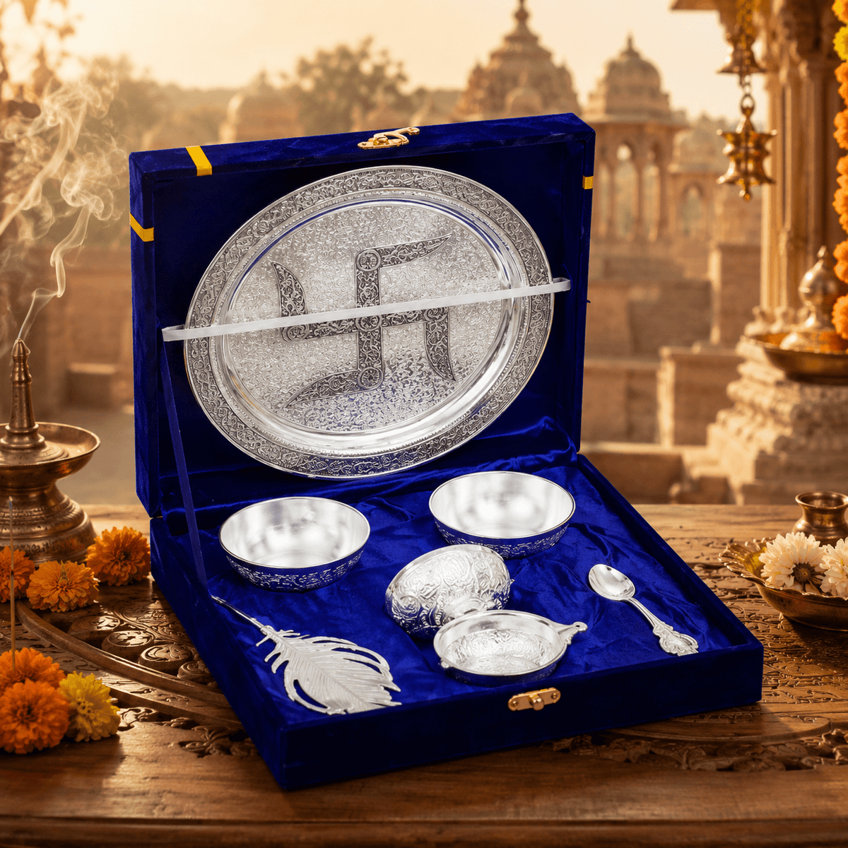 5-Piece Silver Finish Swastik Pooja Thali Set
