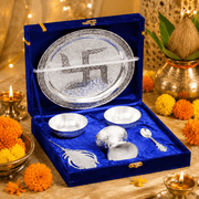 5-Piece Silver Finish Swastik Pooja Thali Set