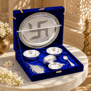 5-Piece Silver Finish Swastik Pooja Thali Set